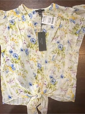 NWT Light Yellow Floral Tie-Front Blouse Small Woman